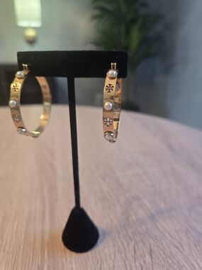 Tory Burch Gold, Logo, & Pearl Hoop Earrings